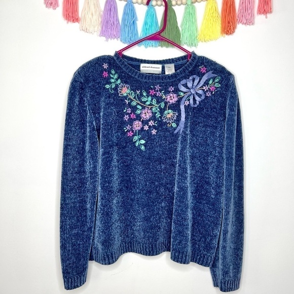Vintage Alfred Dunner Blue Floral Embroidered Chenille Pullover Cozy Sweater - Picture 15 of 17